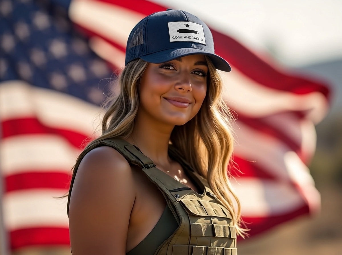 Come and Take It Gonzales Flag retro trucker cap in Navy, worn by female model