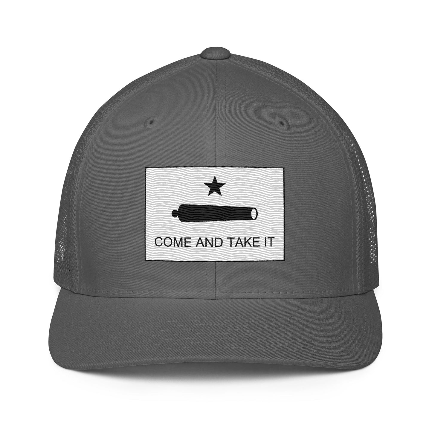 Embroidered "Come and Take It" Gonzales Flag | Closed-Back Trucker Cap | Flexfit 6511 Flexfit 6511 Gun Beaver Charcoal