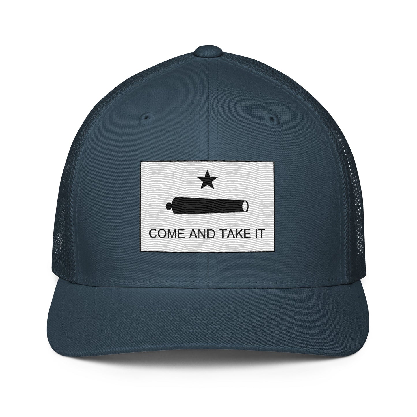 Embroidered "Come and Take It" Gonzales Flag | Closed-Back Trucker Cap | Flexfit 6511 Flexfit 6511 Gun Beaver Navy