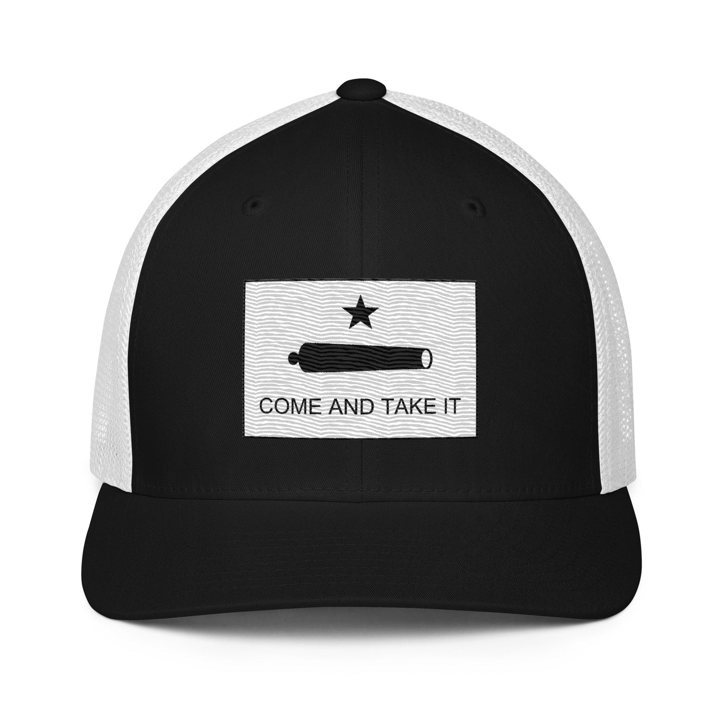 Embroidered "Come and Take It" Gonzales Flag | Closed-Back Trucker Cap | Flexfit 6511 Flexfit 6511 Gun Beaver Black/White