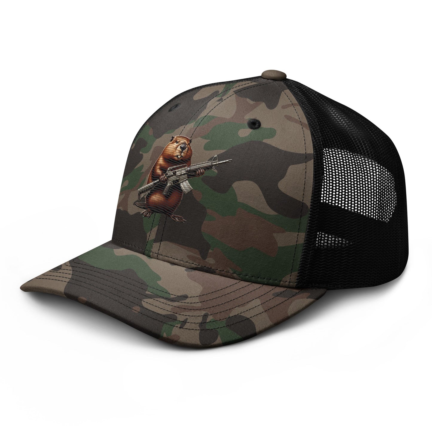 Embroidered Gun Beaver Clutching Rifle | Camouflage Trucker Cap Camouflage Trucker Cap Gun Beaver