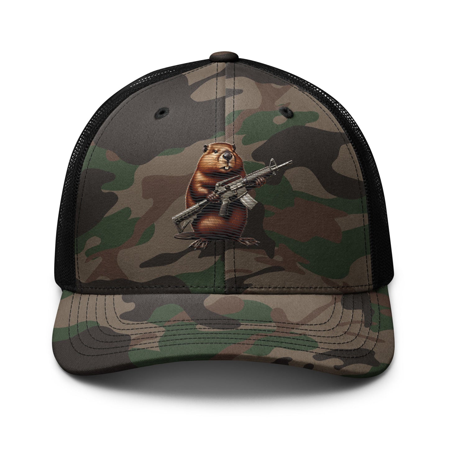 Embroidered Gun Beaver Clutching Rifle | Camouflage Trucker Cap Camouflage Trucker Cap Gun Beaver Camo/Black