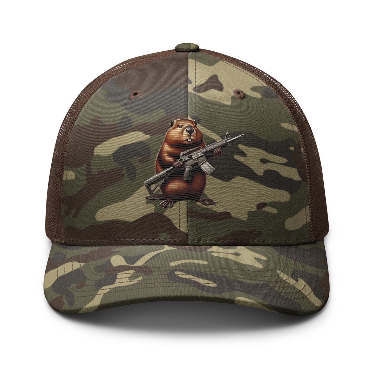Embroidered Gun Beaver Clutching Rifle | Camouflage Trucker Cap Camouflage Trucker Cap Gun Beaver Camo/Brown
