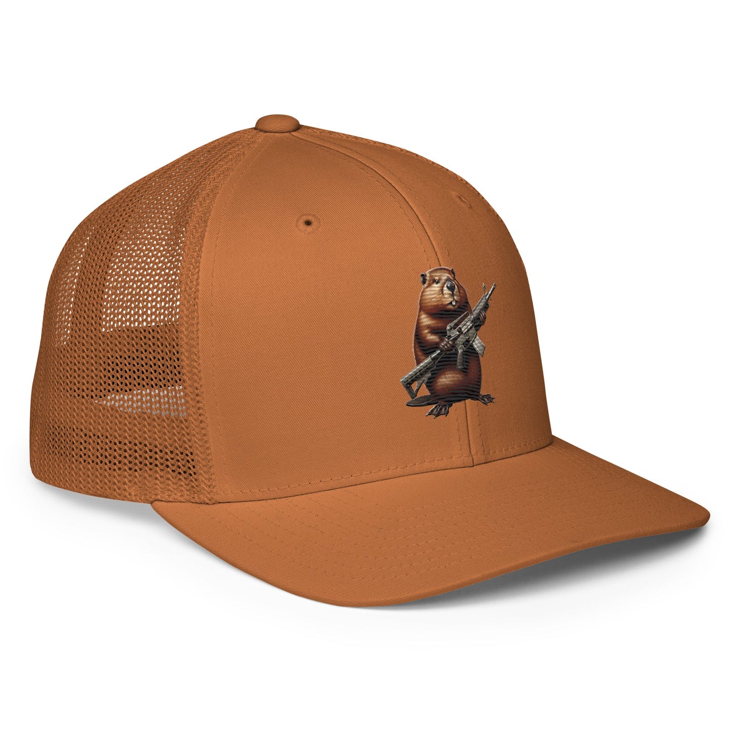 Embroidered Gun Beaver Clutching Rifle | Closed-Back Trucker Cap | Flexfit 6511 Flexfit 6511 Gun Beaver