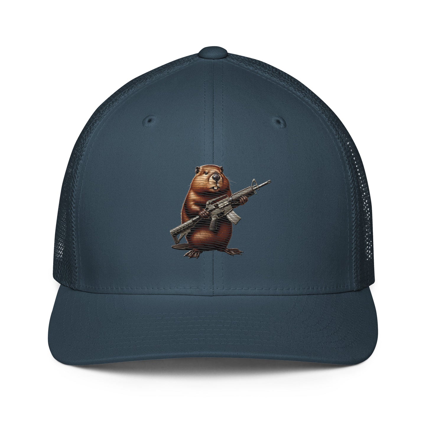 Embroidered Gun Beaver Clutching Rifle | Closed-Back Trucker Cap | Flexfit 6511 Flexfit 6511 Gun Beaver Navy