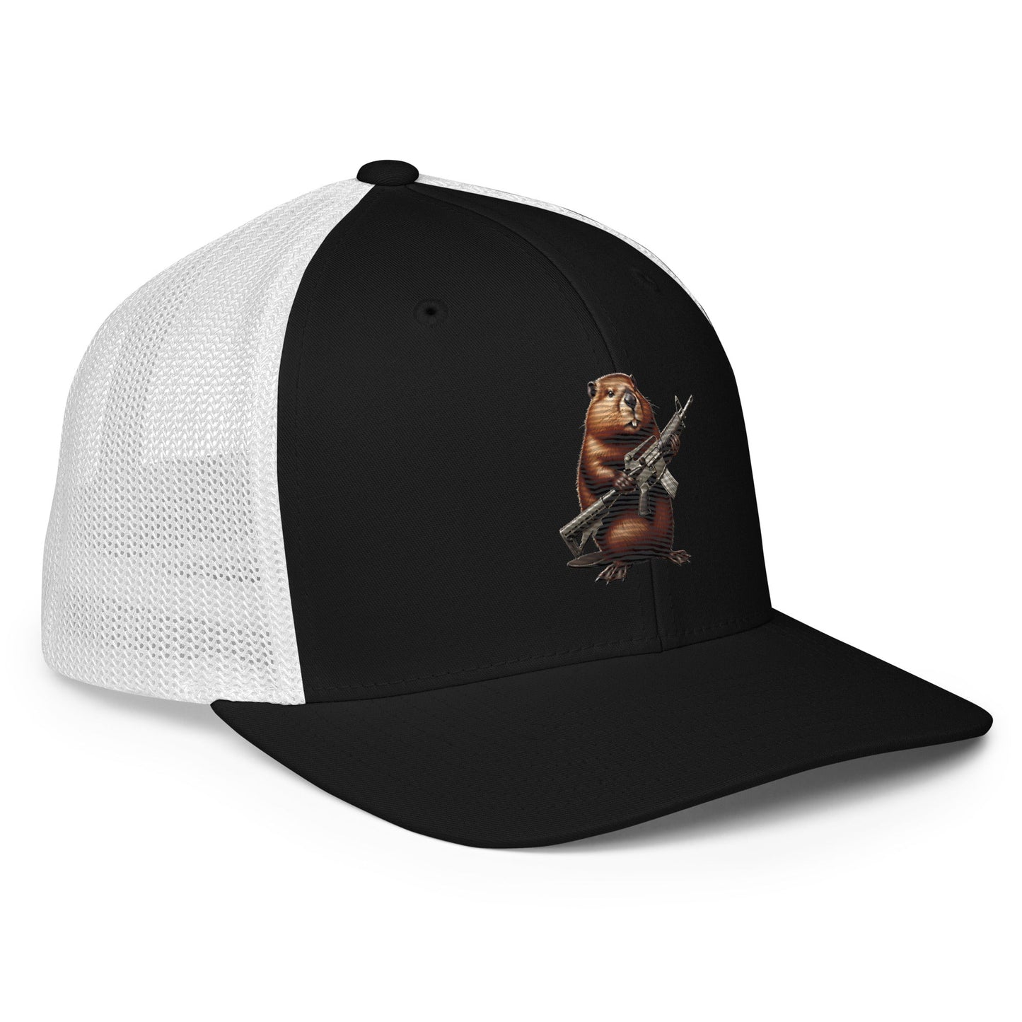 Embroidered Gun Beaver Clutching Rifle | Closed-Back Trucker Cap | Flexfit 6511 Flexfit 6511 Gun Beaver