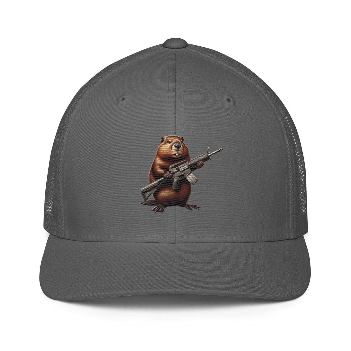 Embroidered Gun Beaver Clutching Rifle | Closed-Back Trucker Cap | Flexfit 6511 Flexfit 6511 Gun Beaver Charcoal