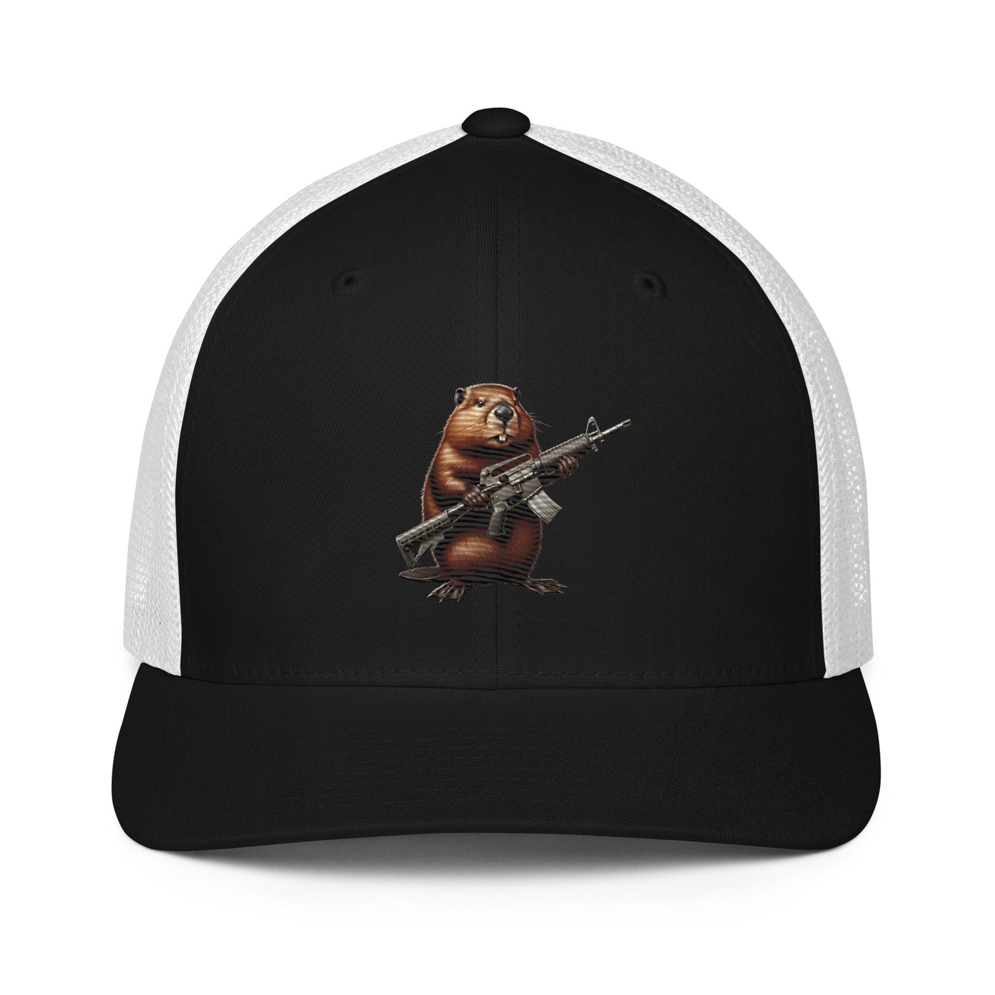 Embroidered Gun Beaver Clutching Rifle | Closed-Back Trucker Cap | Flexfit 6511 Flexfit 6511 Gun Beaver Black/White