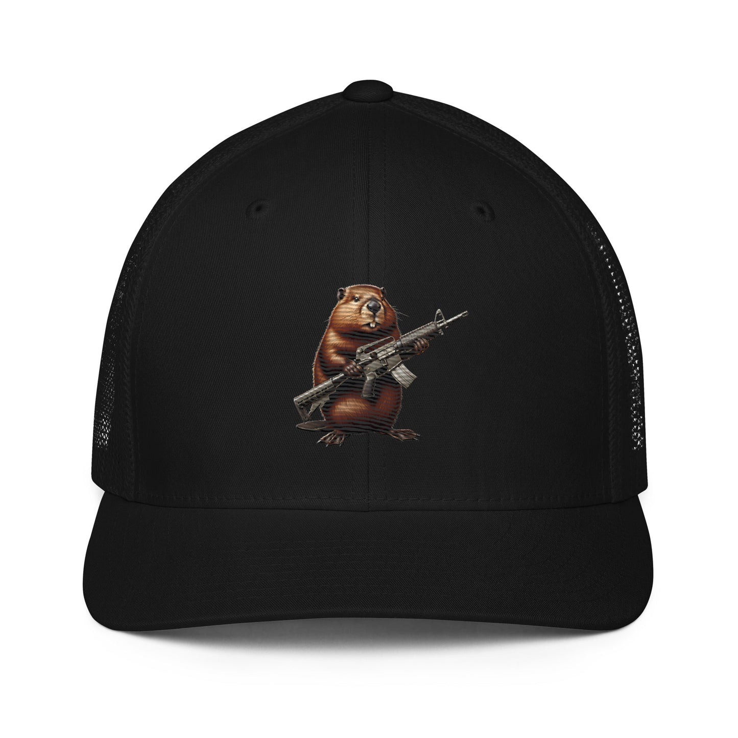 Embroidered Gun Beaver Clutching Rifle | Closed-Back Trucker Cap | Flexfit 6511 Flexfit 6511 Gun Beaver Black