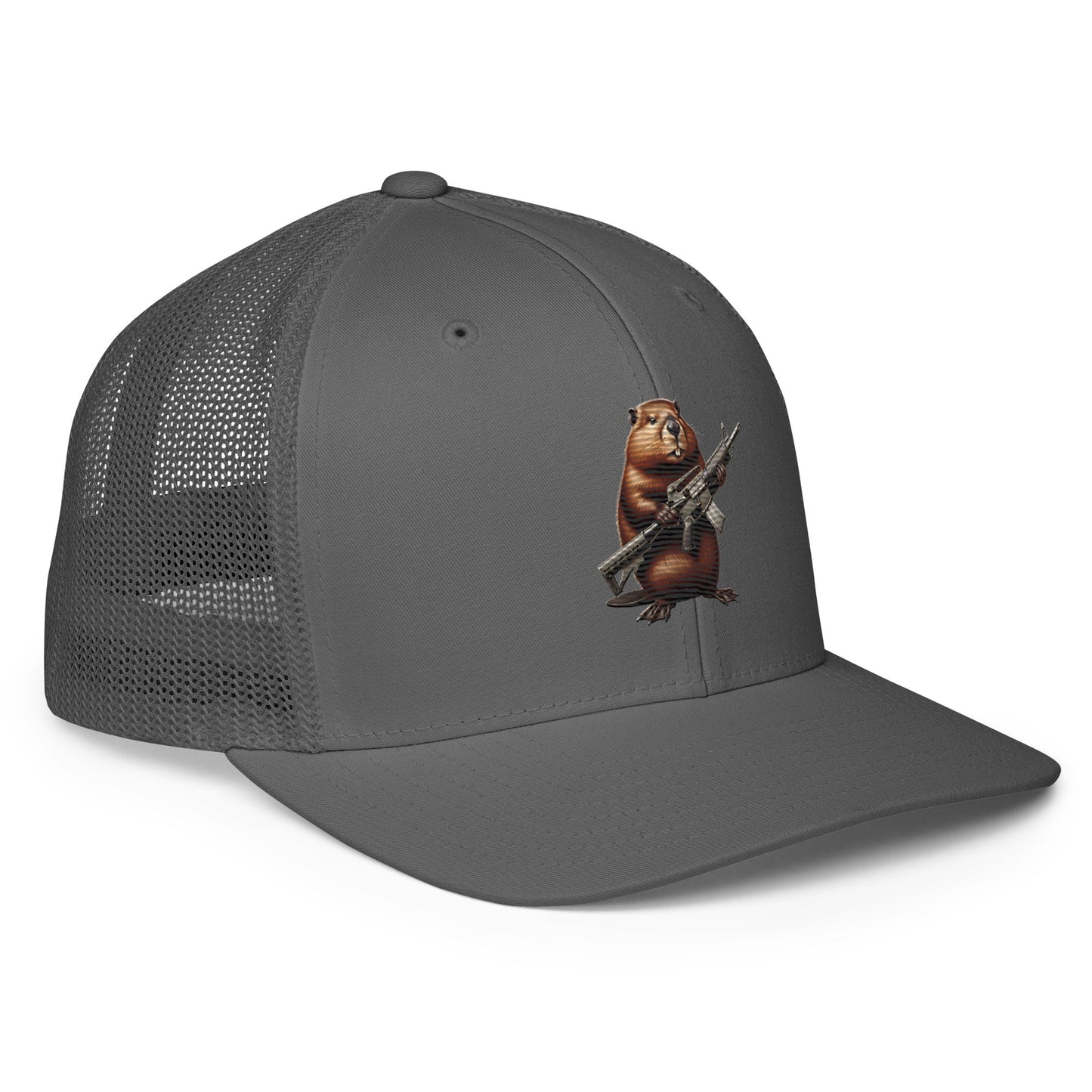 Embroidered Gun Beaver Clutching Rifle | Closed-Back Trucker Cap | Flexfit 6511 Flexfit 6511 Gun Beaver