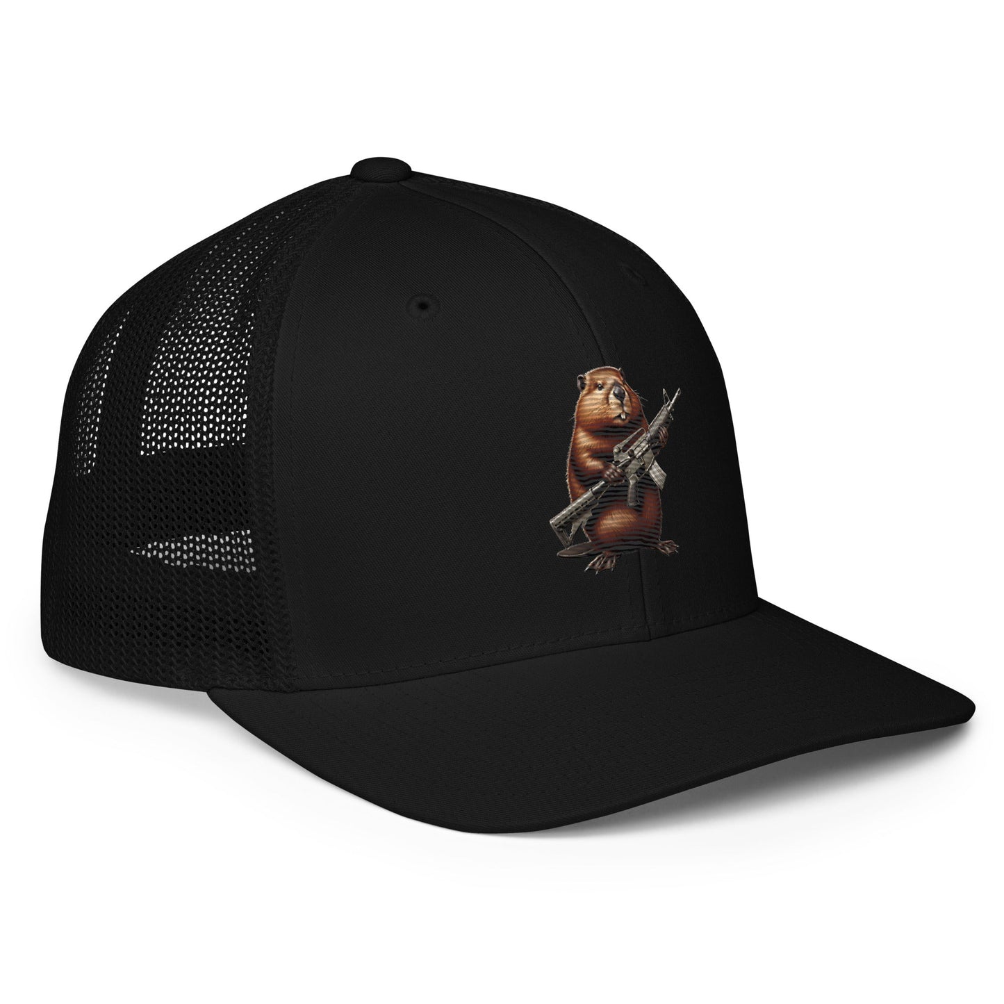 Embroidered Gun Beaver Clutching Rifle | Closed-Back Trucker Cap | Flexfit 6511 Flexfit 6511 Gun Beaver