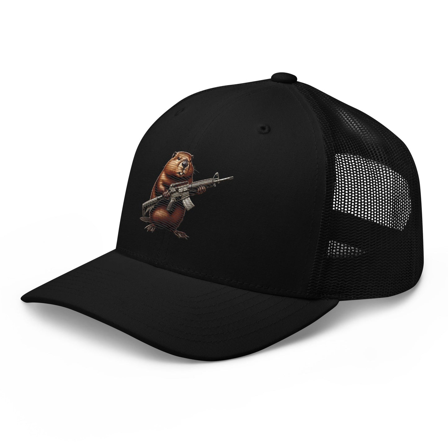 Embroidered Gun Beaver Clutching Rifle | Retro Trucker Cap Retro Trucker Cap Gun Beaver
