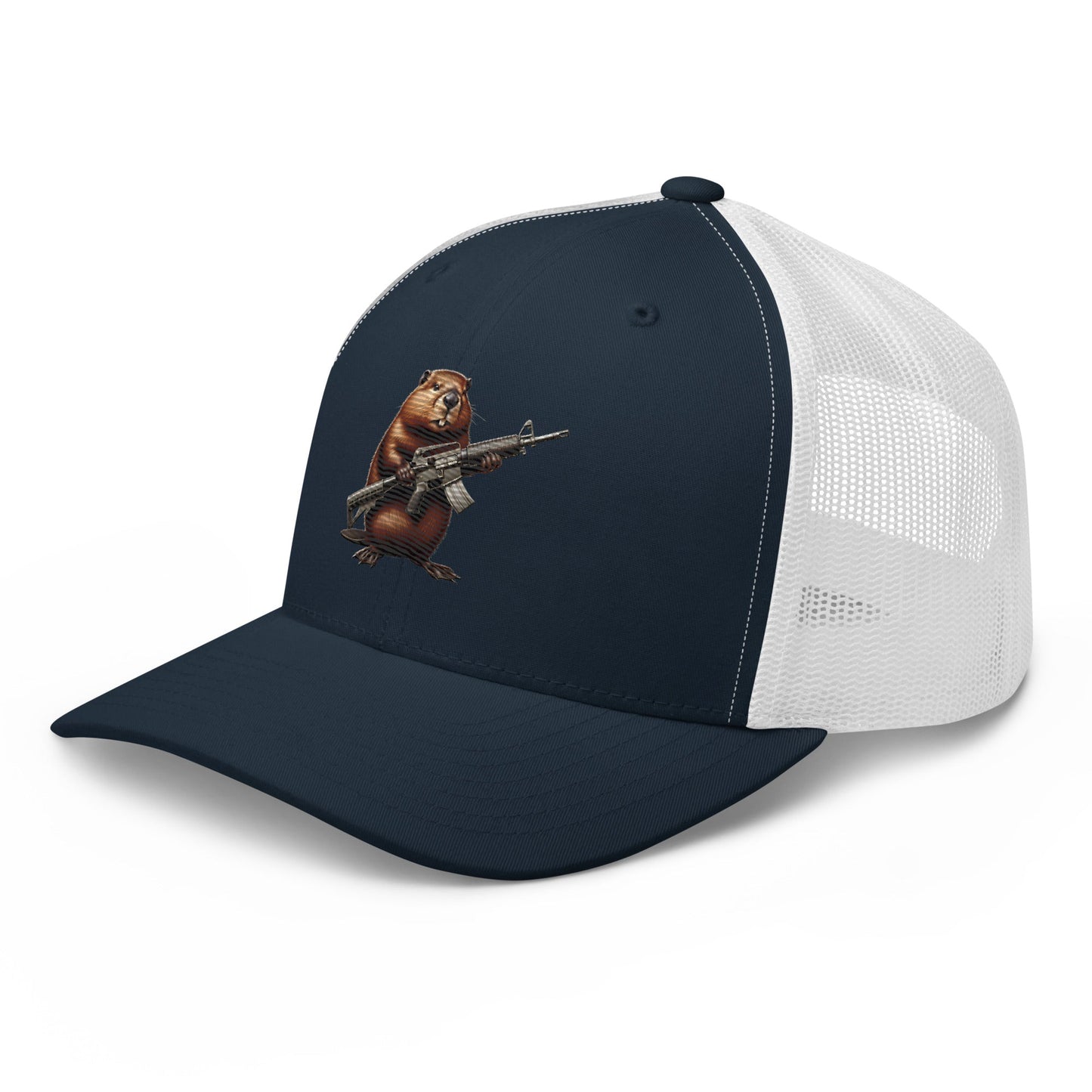 Embroidered Gun Beaver Clutching Rifle | Retro Trucker Cap Retro Trucker Cap Gun Beaver