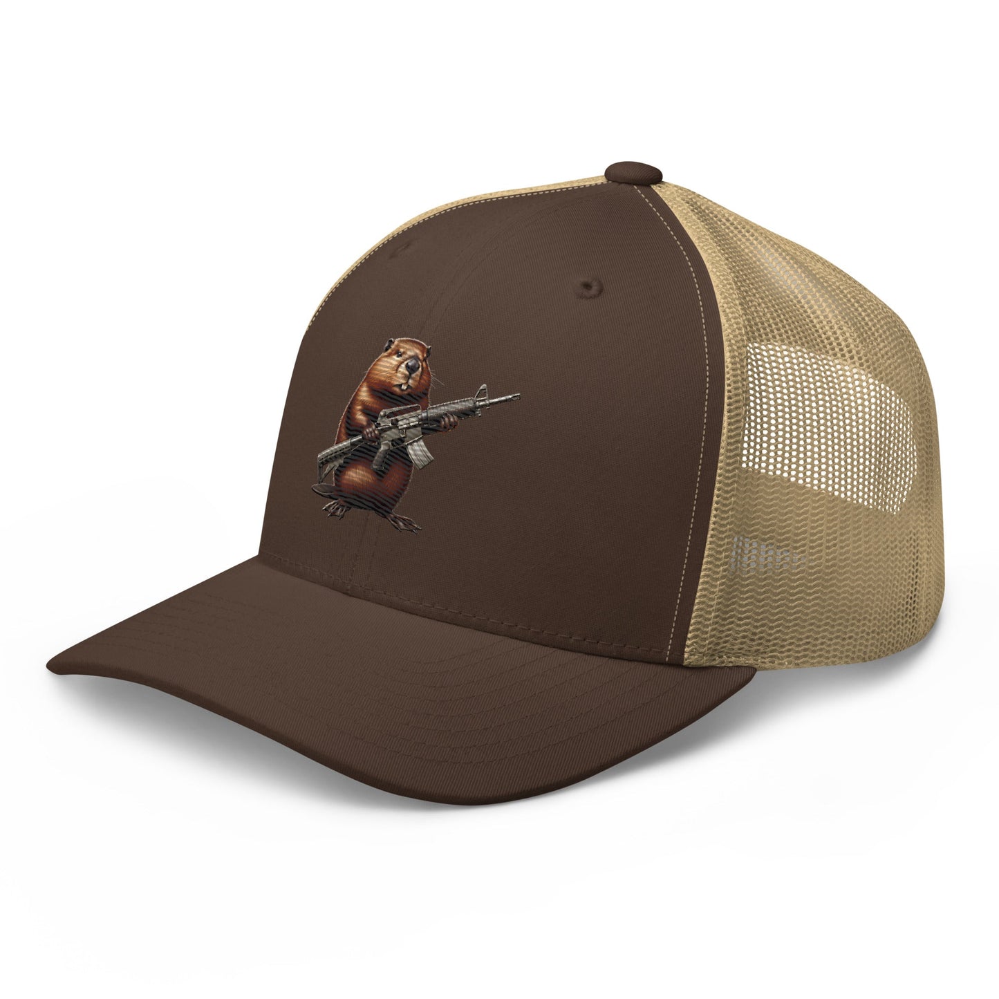 Embroidered Gun Beaver Clutching Rifle | Retro Trucker Cap Retro Trucker Cap Gun Beaver