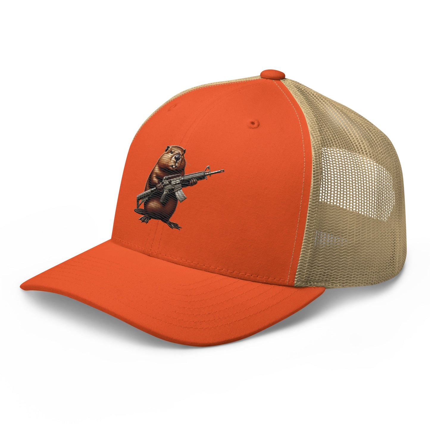 Embroidered Gun Beaver Clutching Rifle | Retro Trucker Cap Retro Trucker Cap Gun Beaver