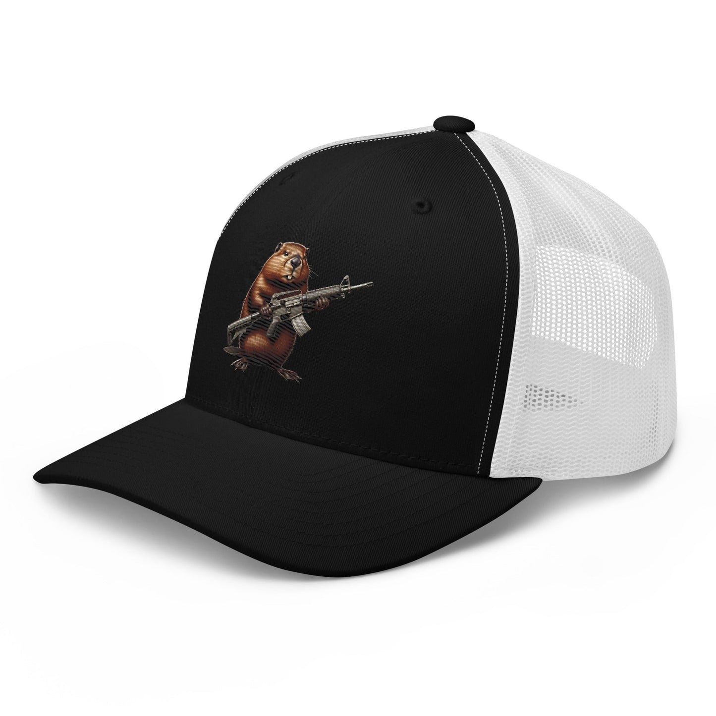 Embroidered Gun Beaver Clutching Rifle | Retro Trucker Cap Retro Trucker Cap Gun Beaver