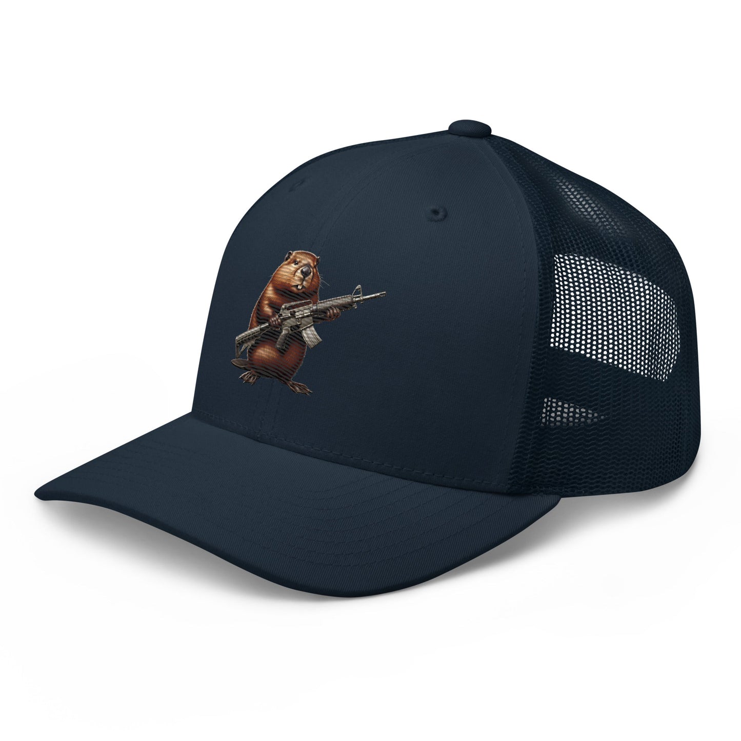 Embroidered Gun Beaver Clutching Rifle | Retro Trucker Cap Retro Trucker Cap Gun Beaver