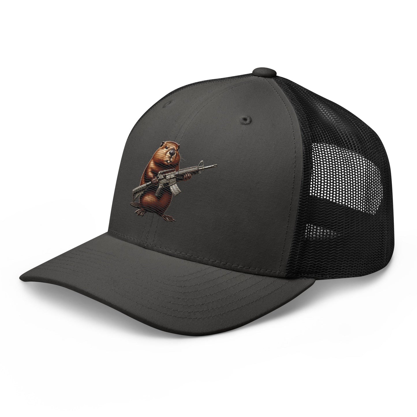 Embroidered Gun Beaver Clutching Rifle | Retro Trucker Cap Retro Trucker Cap Gun Beaver