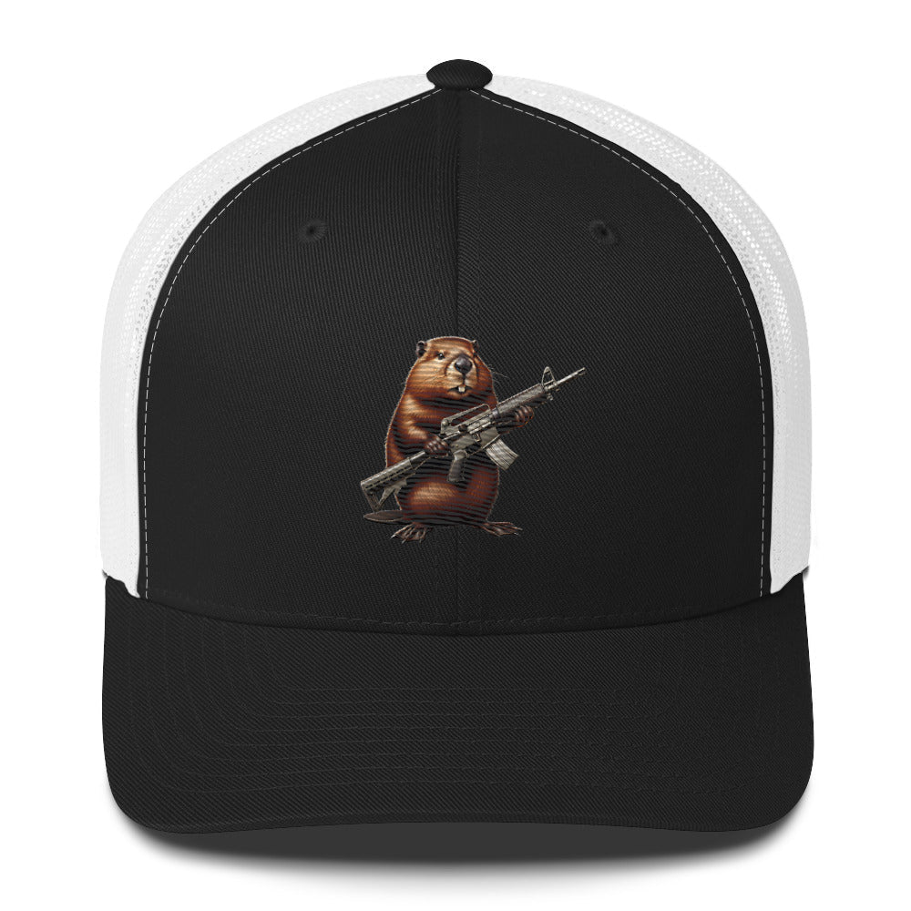 Embroidered Gun Beaver Clutching Rifle | Retro Trucker Cap Retro Trucker Cap Gun Beaver Black/ White