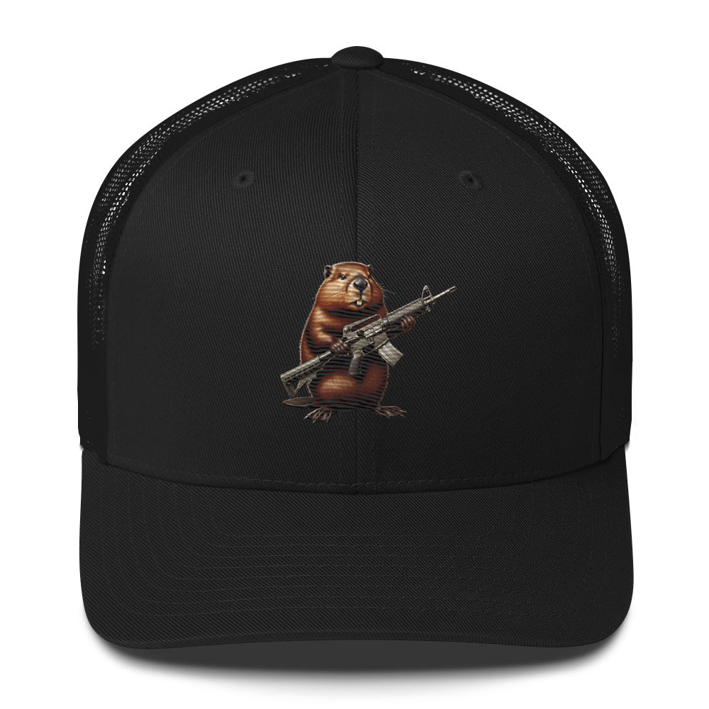 Embroidered Gun Beaver Clutching Rifle | Retro Trucker Cap Retro Trucker Cap Gun Beaver Black
