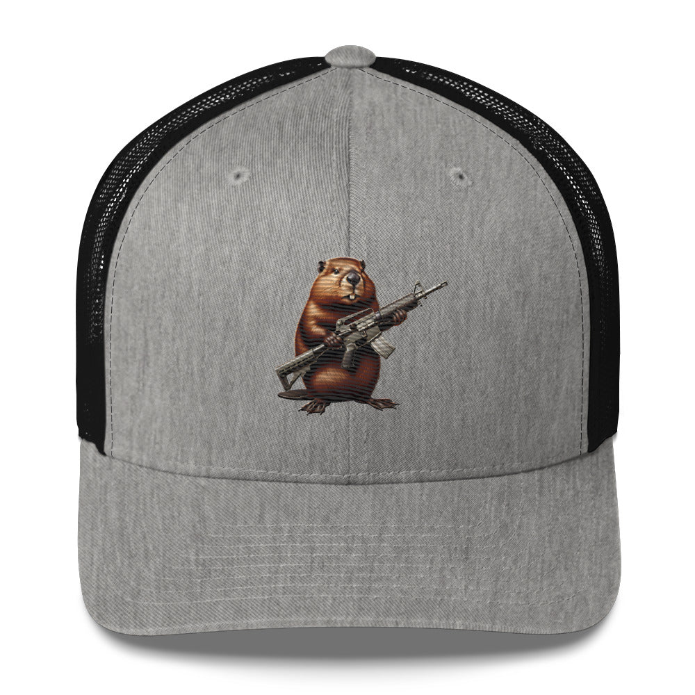 Embroidered Gun Beaver Clutching Rifle | Retro Trucker Cap Retro Trucker Cap Gun Beaver Heather/ Black