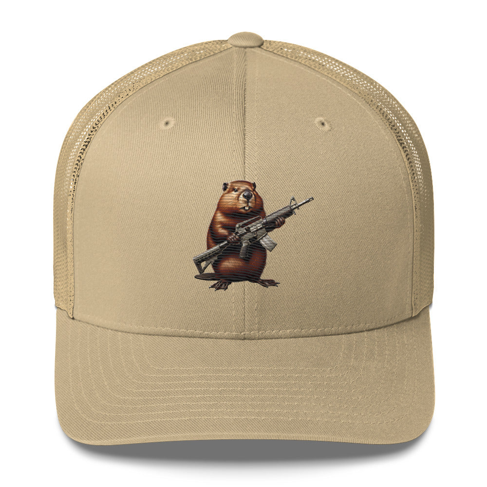 Embroidered Gun Beaver Clutching Rifle | Retro Trucker Cap Retro Trucker Cap Gun Beaver Khaki