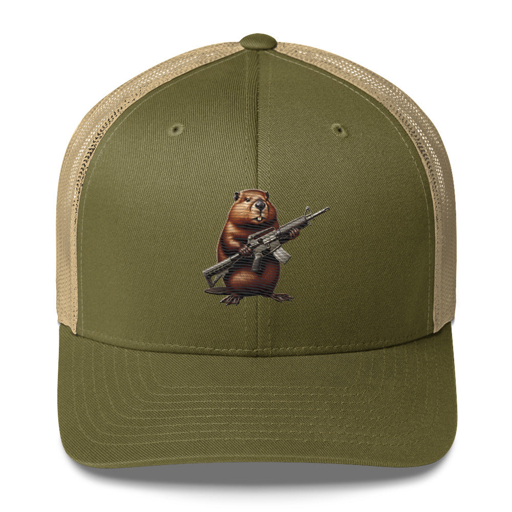 Embroidered Gun Beaver Clutching Rifle | Retro Trucker Cap Retro Trucker Cap Gun Beaver Moss/ Khaki