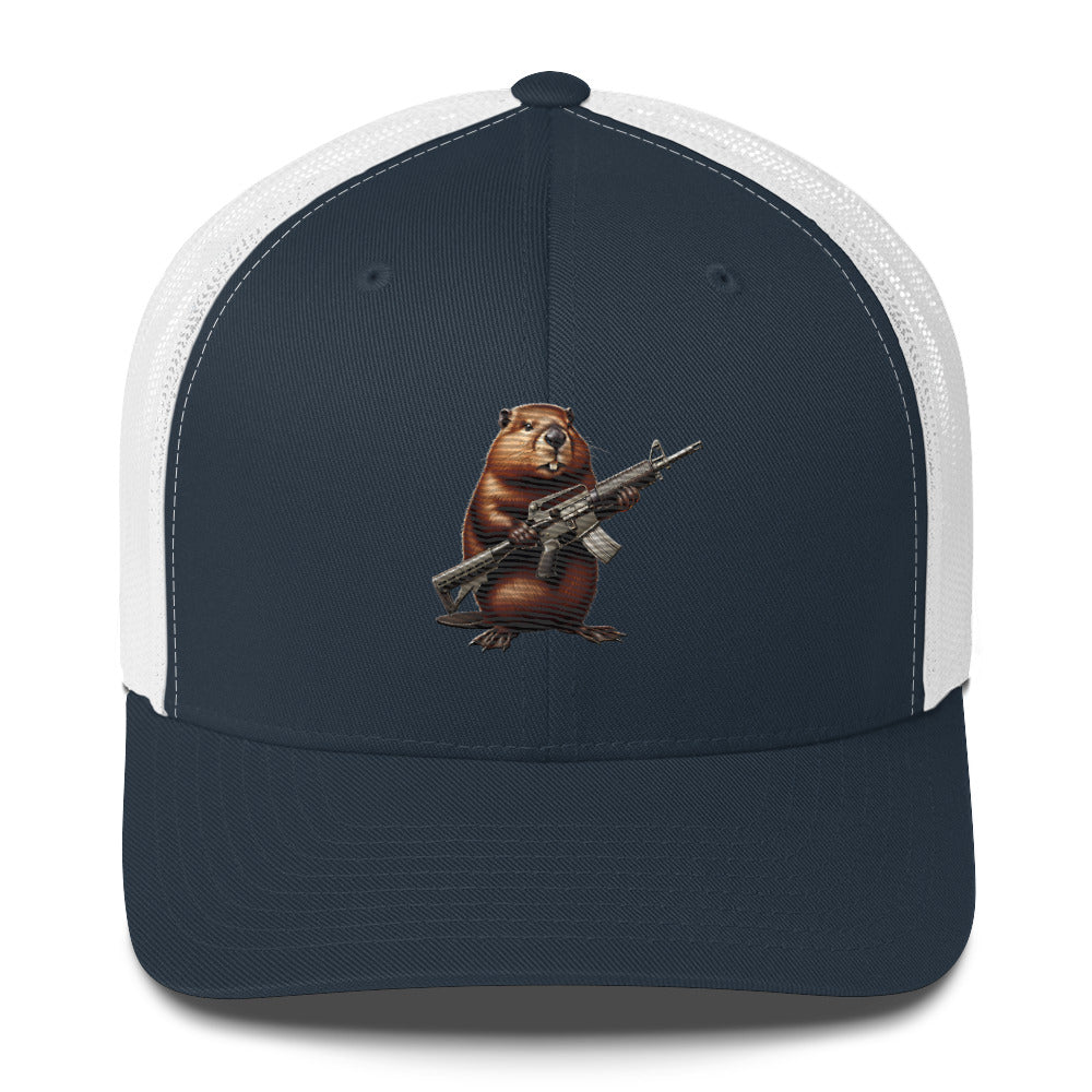 Embroidered Gun Beaver Clutching Rifle | Retro Trucker Cap Retro Trucker Cap Gun Beaver Navy/ White