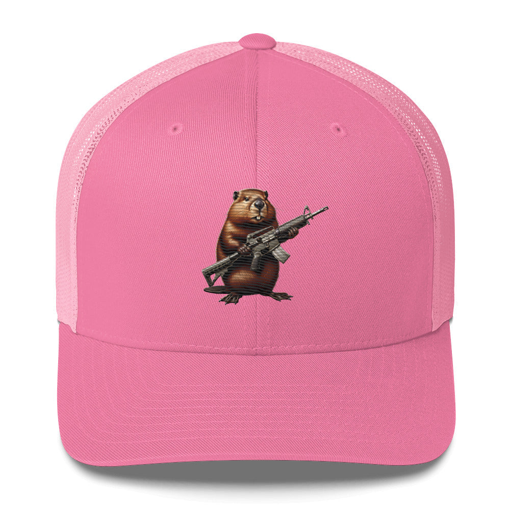 Embroidered Gun Beaver Clutching Rifle | Retro Trucker Cap Retro Trucker Cap Gun Beaver Pink