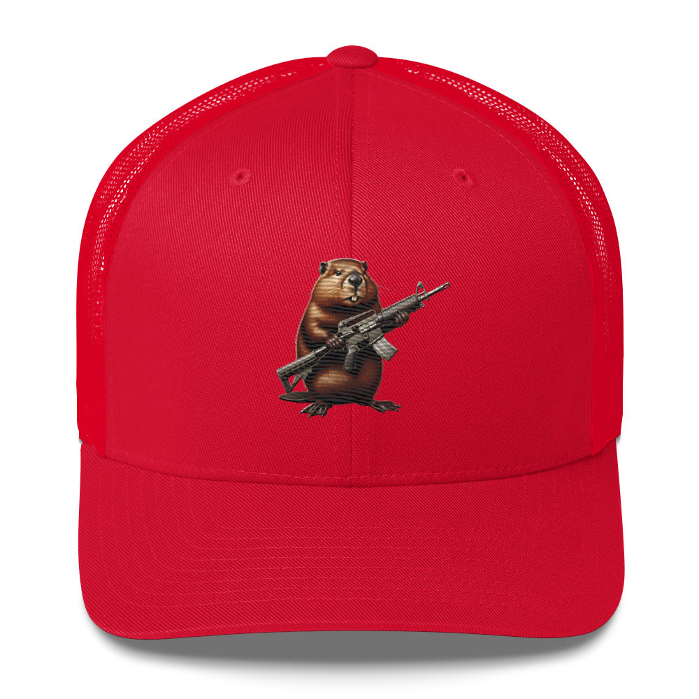 Embroidered Gun Beaver Clutching Rifle | Retro Trucker Cap Retro Trucker Cap Gun Beaver Red