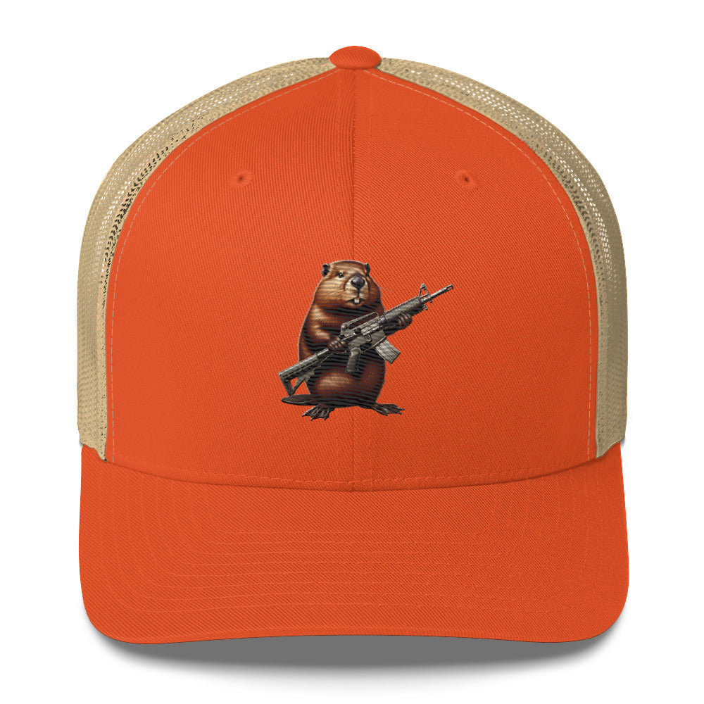 Embroidered Gun Beaver Clutching Rifle | Retro Trucker Cap Retro Trucker Cap Gun Beaver Rustic Orange/ Khaki
