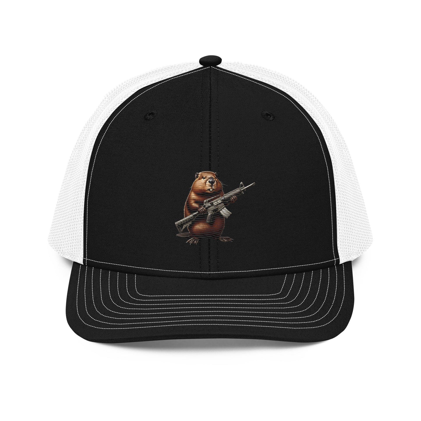 Embroidered Gun Beaver Clutching Rifle | Snapback Trucker Cap | Richardson 112 Richardson 112 Gun Beaver Black / White
