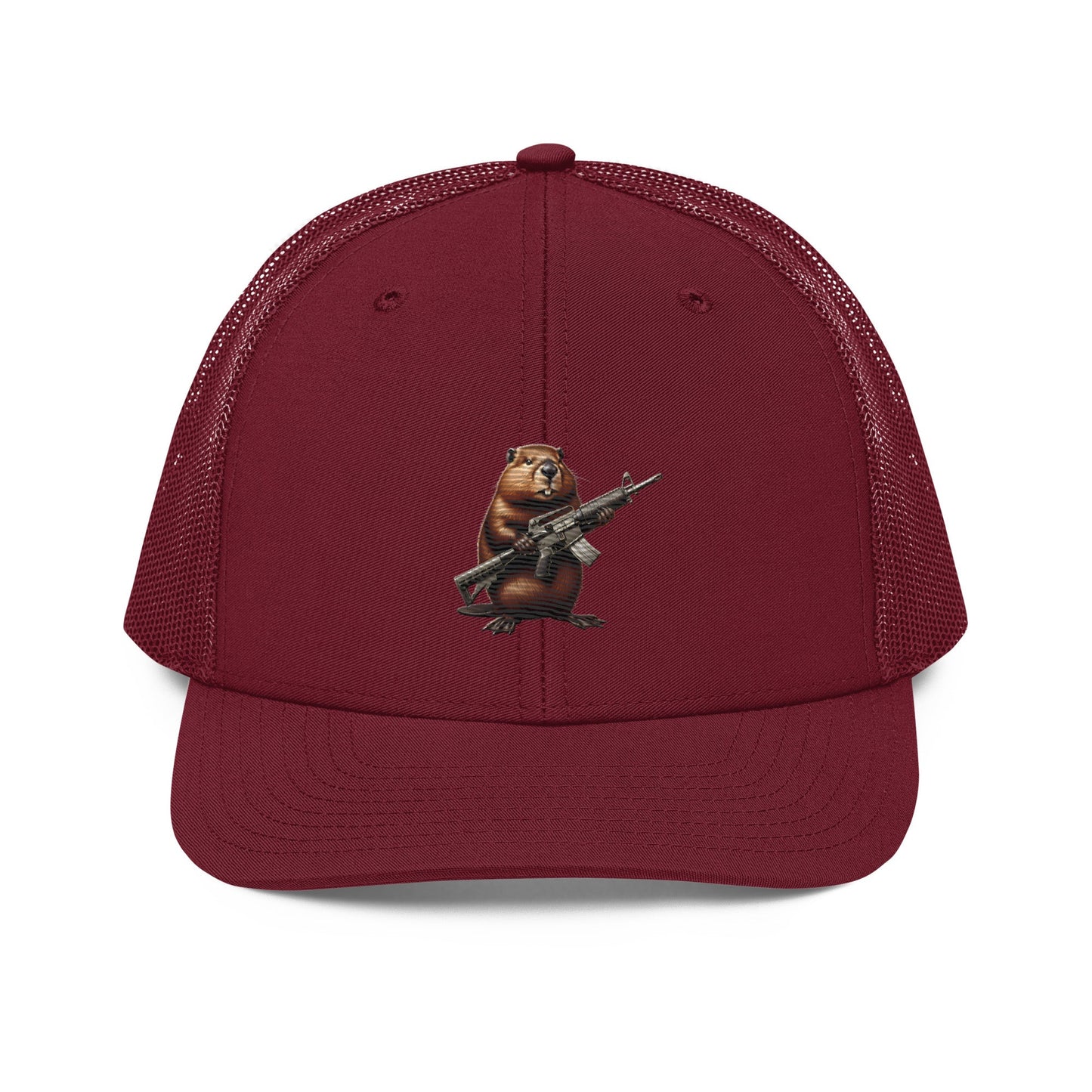 Embroidered Gun Beaver Clutching Rifle | Snapback Trucker Cap | Richardson 112 Richardson 112 Gun Beaver Cardinal