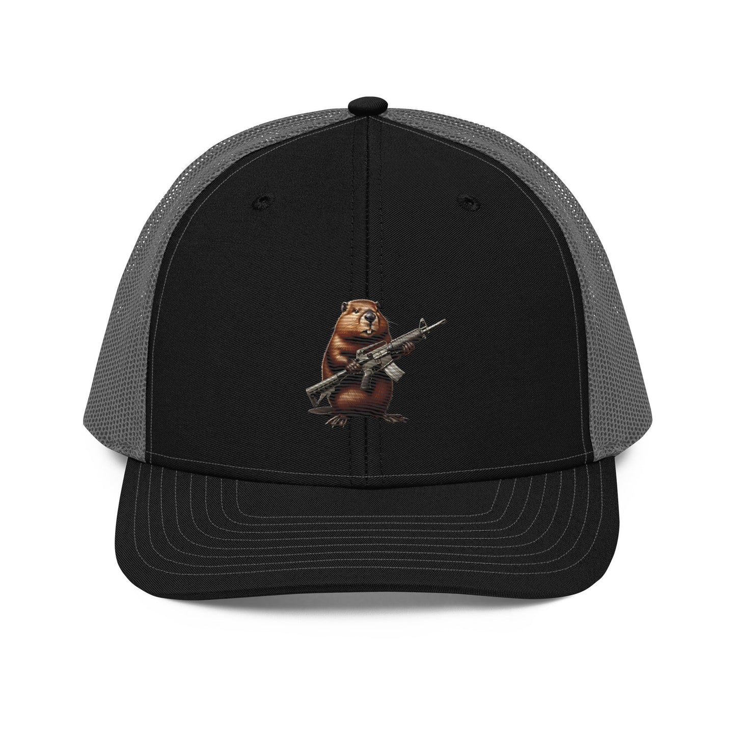 Embroidered Gun Beaver Clutching Rifle | Snapback Trucker Cap | Richardson 112 Richardson 112 Gun Beaver Black / Charcoal