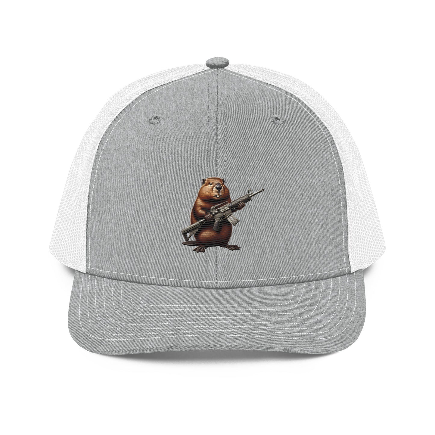 Embroidered Gun Beaver Clutching Rifle | Snapback Trucker Cap | Richardson 112 Richardson 112 Gun Beaver Heather Grey/White