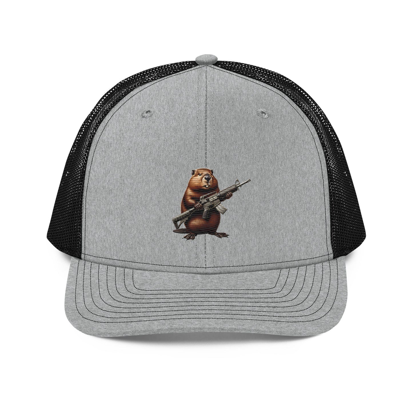Embroidered Gun Beaver Clutching Rifle | Snapback Trucker Cap | Richardson 112 Richardson 112 Gun Beaver Heather Grey / Black