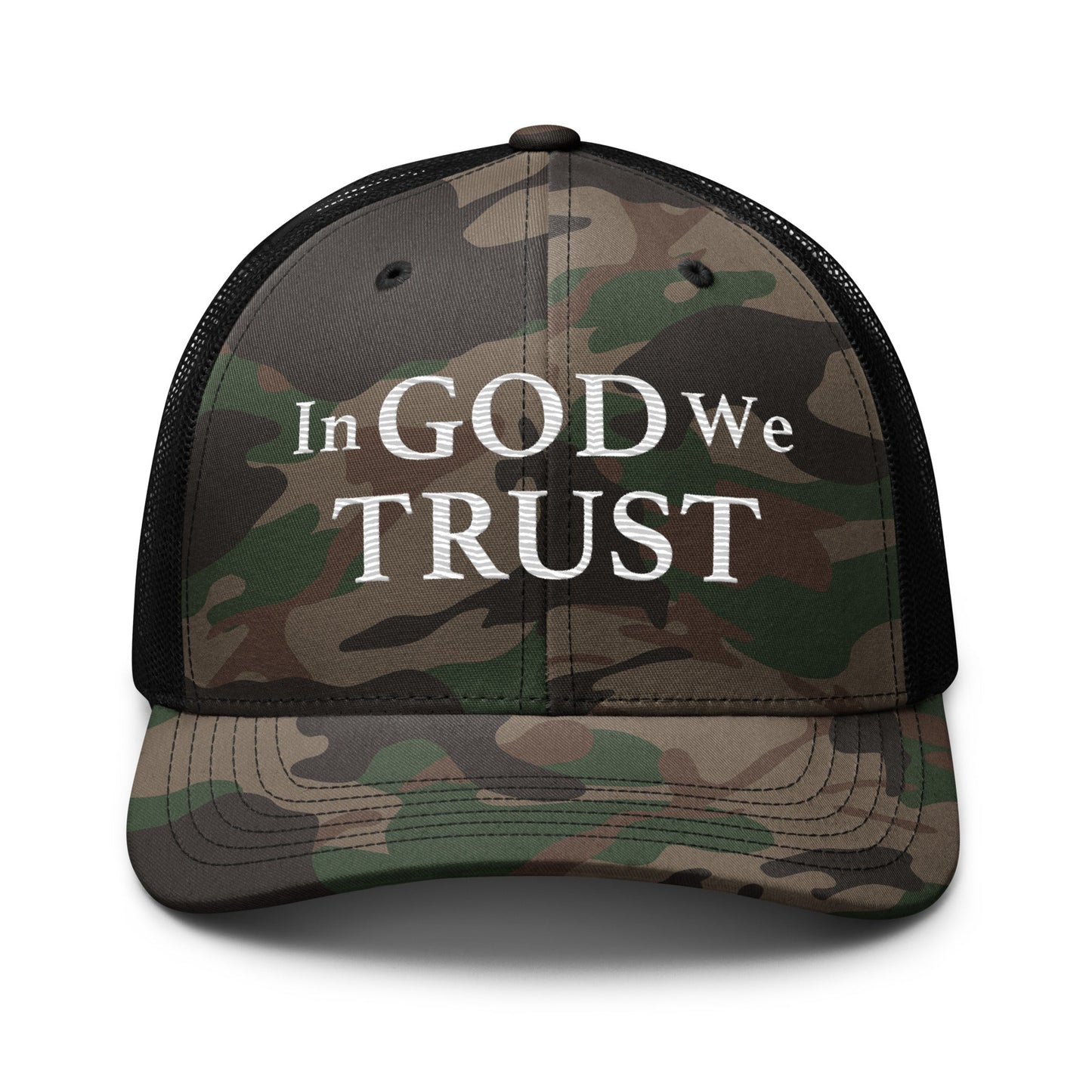 Embroidered "In God We Trust" | Camouflage Trucker Cap Camouflage Trucker Cap Gun Beaver Camo/Black