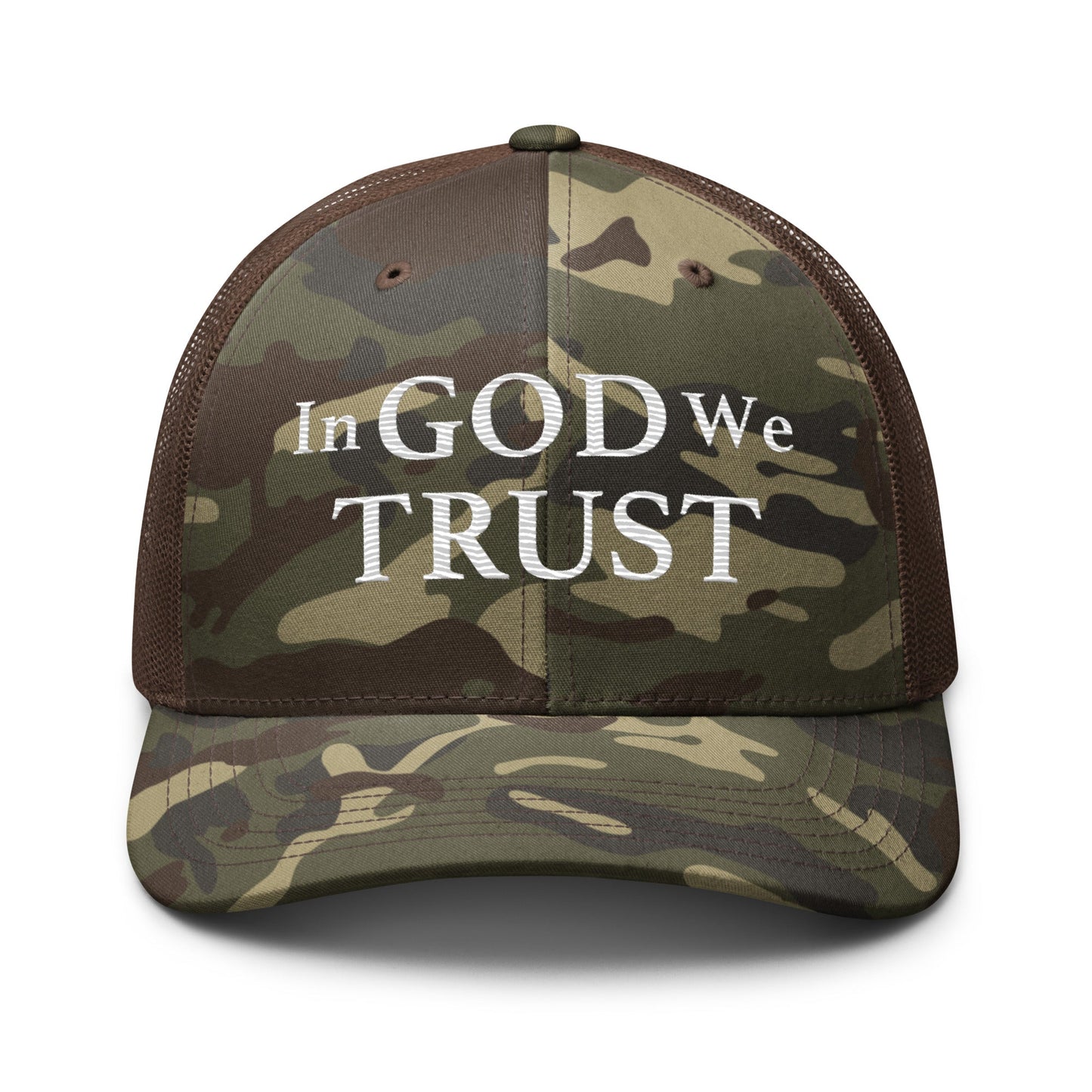 Embroidered "In God We Trust" | Camouflage Trucker Cap Camouflage Trucker Cap Gun Beaver Camo/Brown