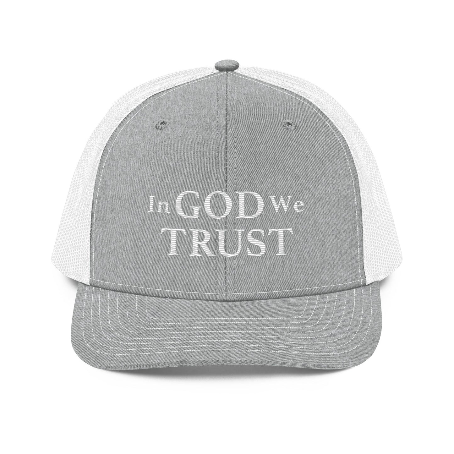 Embroidered "In God We Trust" | Snapback Trucker Cap | Richardson 112 Richardson 112 Gun Beaver Heather Grey/White