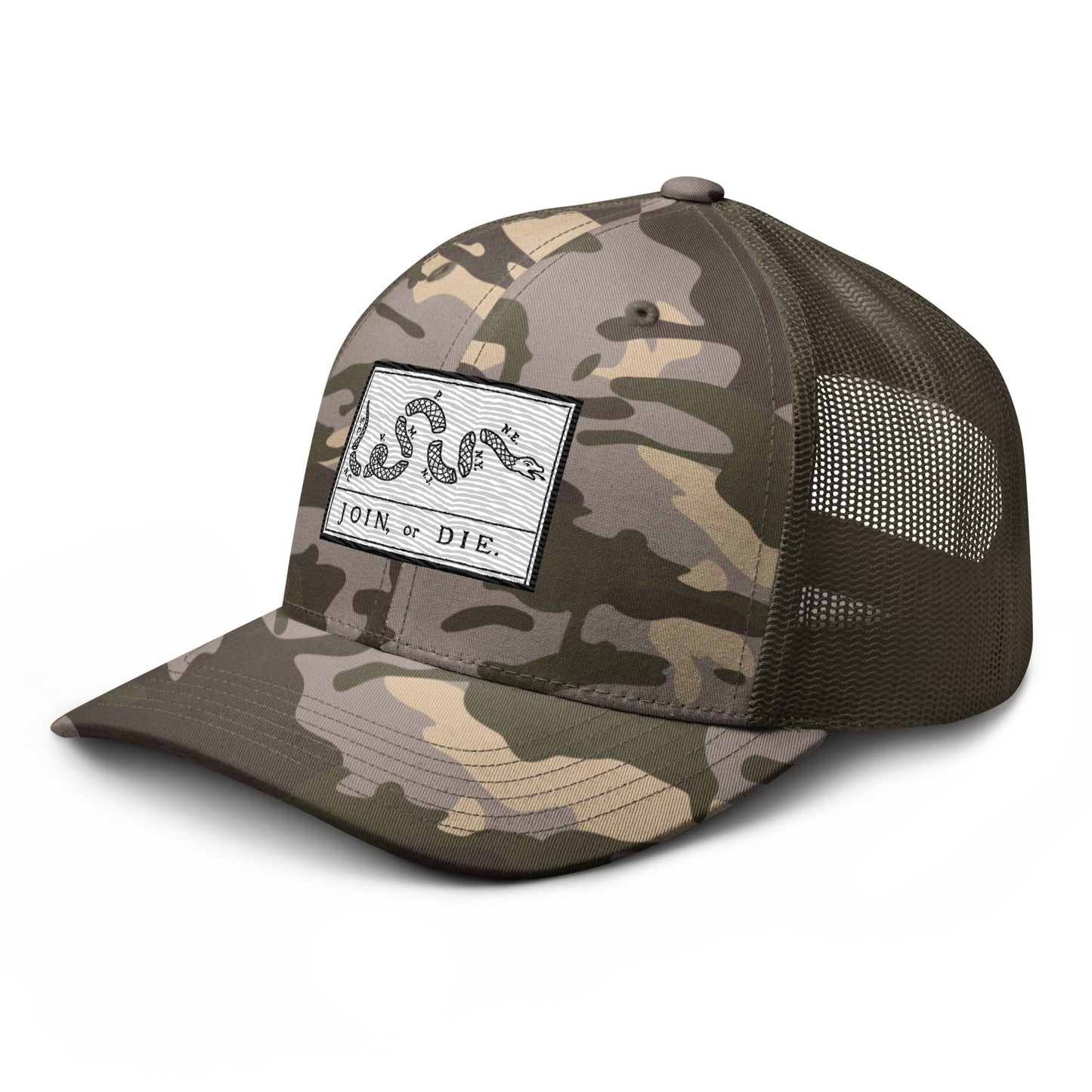 Embroidered “Join or Die" Flag | Camouflage Trucker Cap Camouflage Trucker Cap Gun Beaver