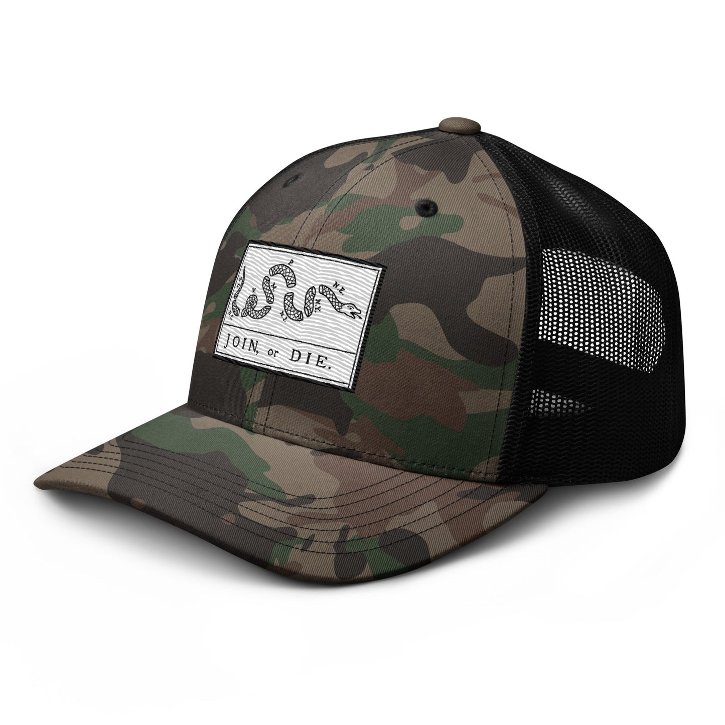 Embroidered “Join or Die" Flag | Camouflage Trucker Cap Camouflage Trucker Cap Gun Beaver