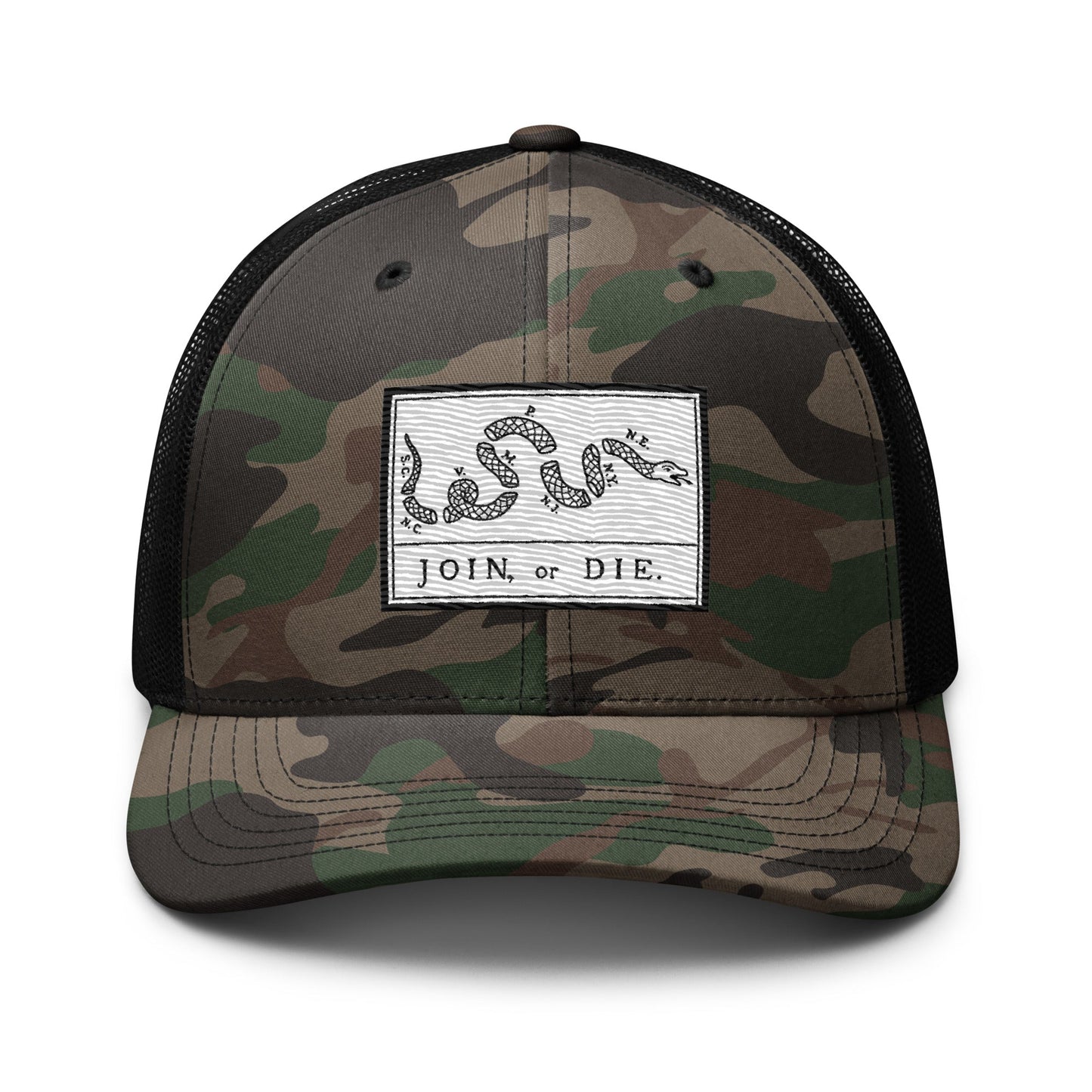 Embroidered “Join or Die" Flag | Camouflage Trucker Cap Camouflage Trucker Cap Gun Beaver Camo/Black