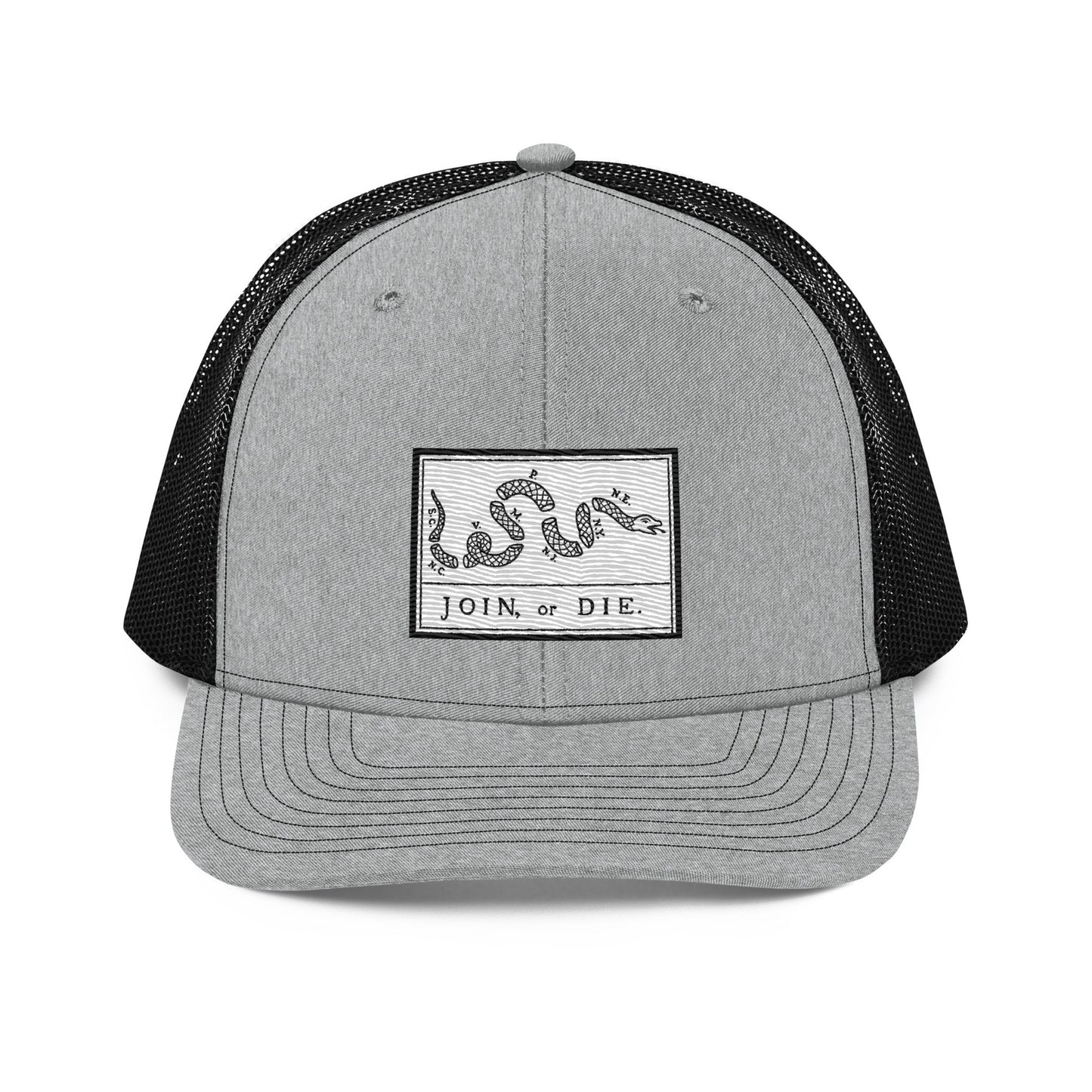 Embroidered “Join or Die" Flag | Snapback Trucker Cap | Richardson 112 Richardson 112 Gun Beaver Heather Grey / Black