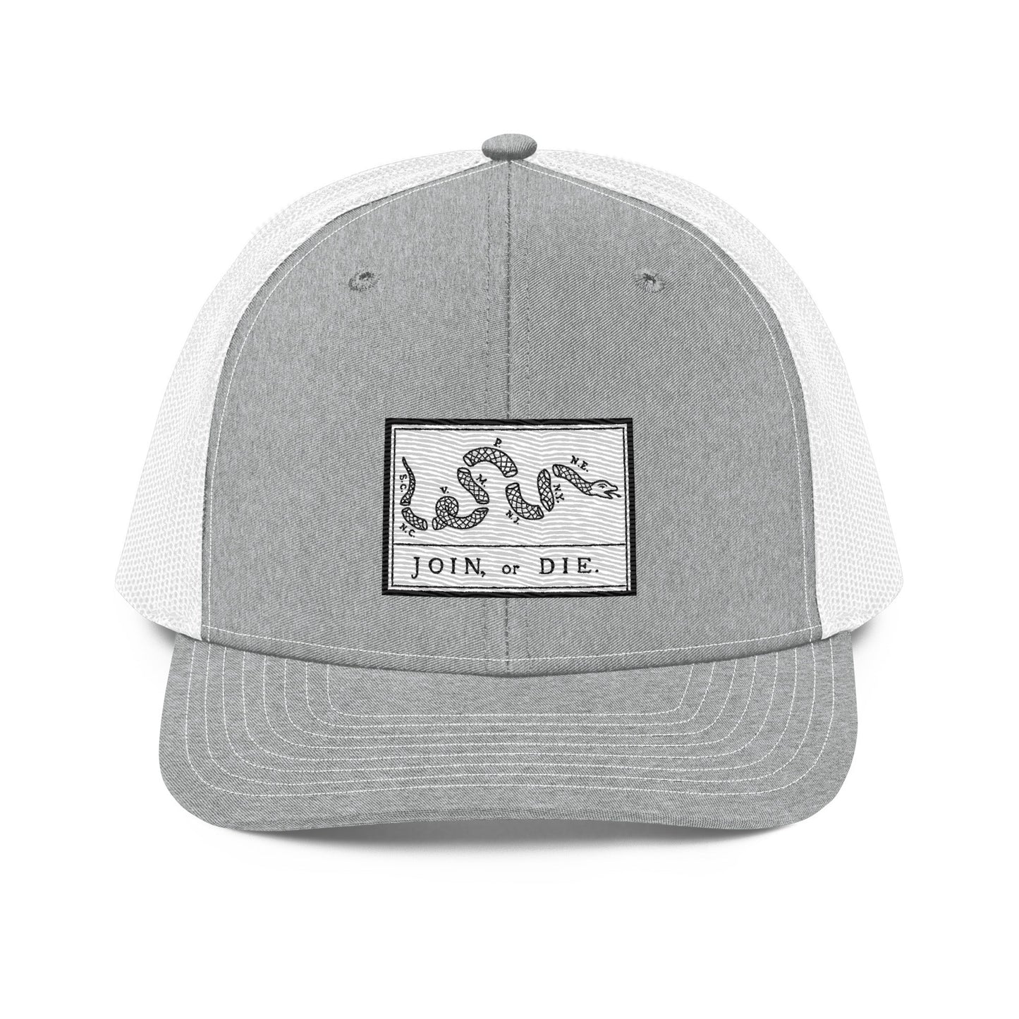 Embroidered “Join or Die" Flag | Snapback Trucker Cap | Richardson 112 Richardson 112 Gun Beaver Heather Grey/White