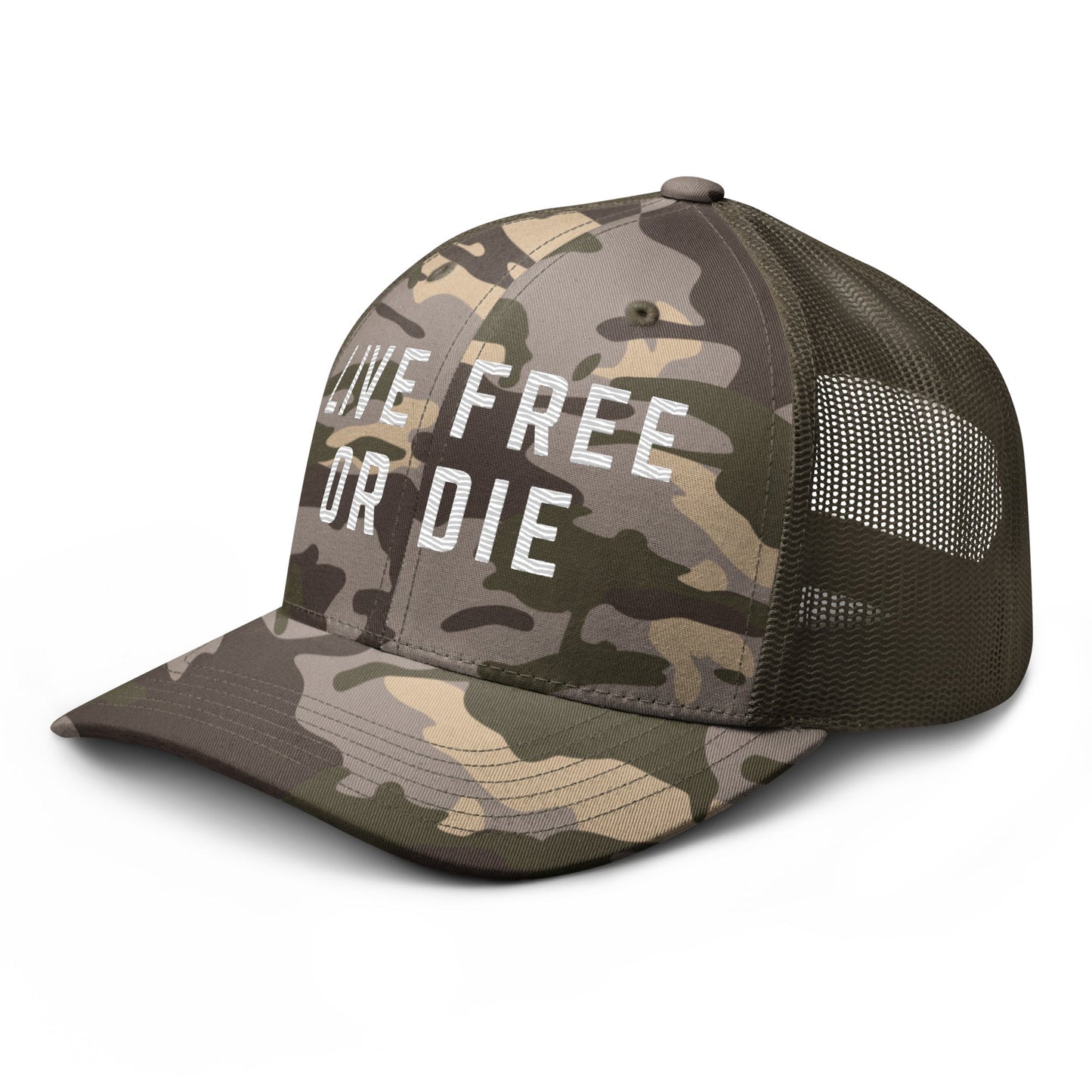 Embroidered "LIVE FREE OR DIE" | Camouflage Trucker Cap Camouflage Trucker Cap Gun Beaver
