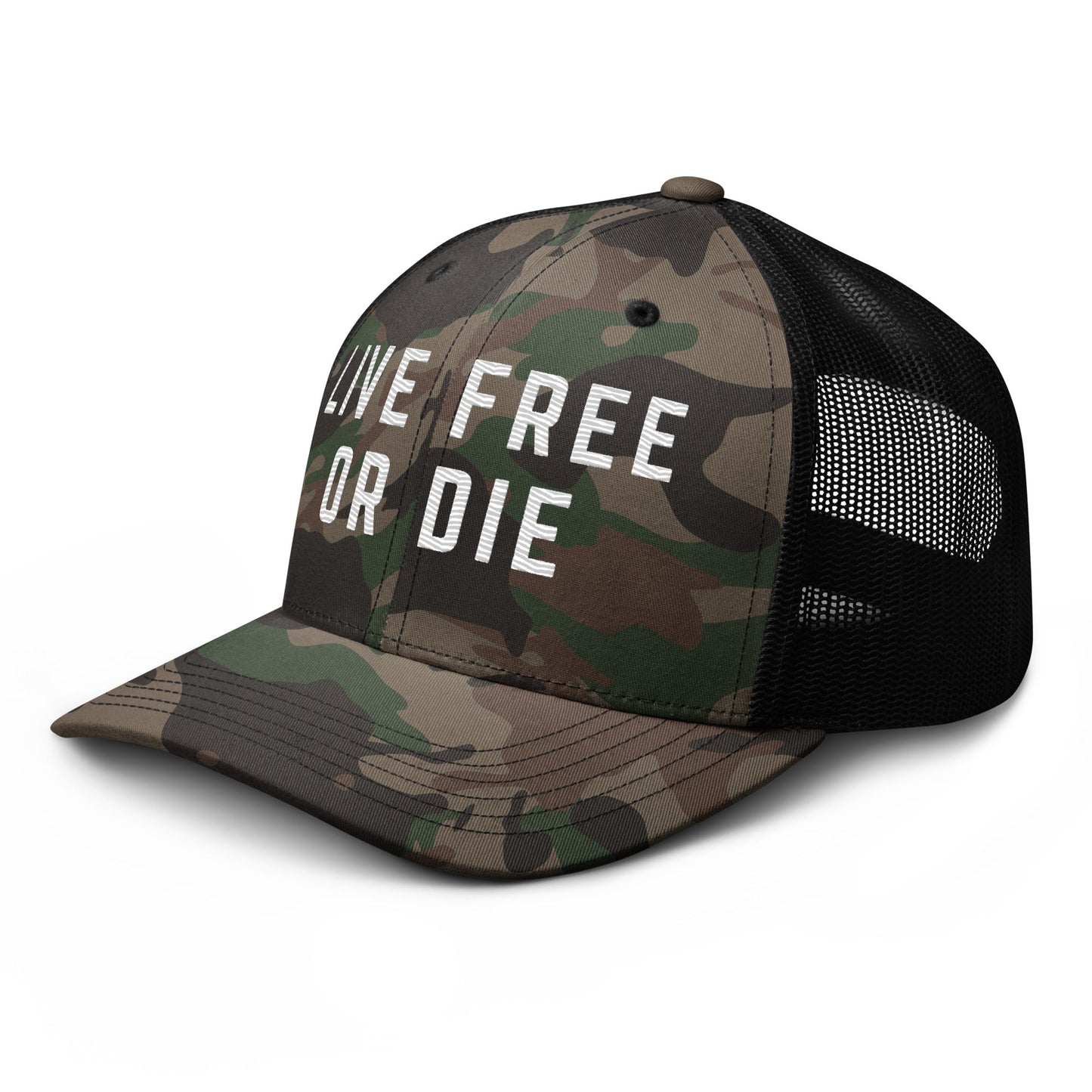 Embroidered "LIVE FREE OR DIE" | Camouflage Trucker Cap Camouflage Trucker Cap Gun Beaver