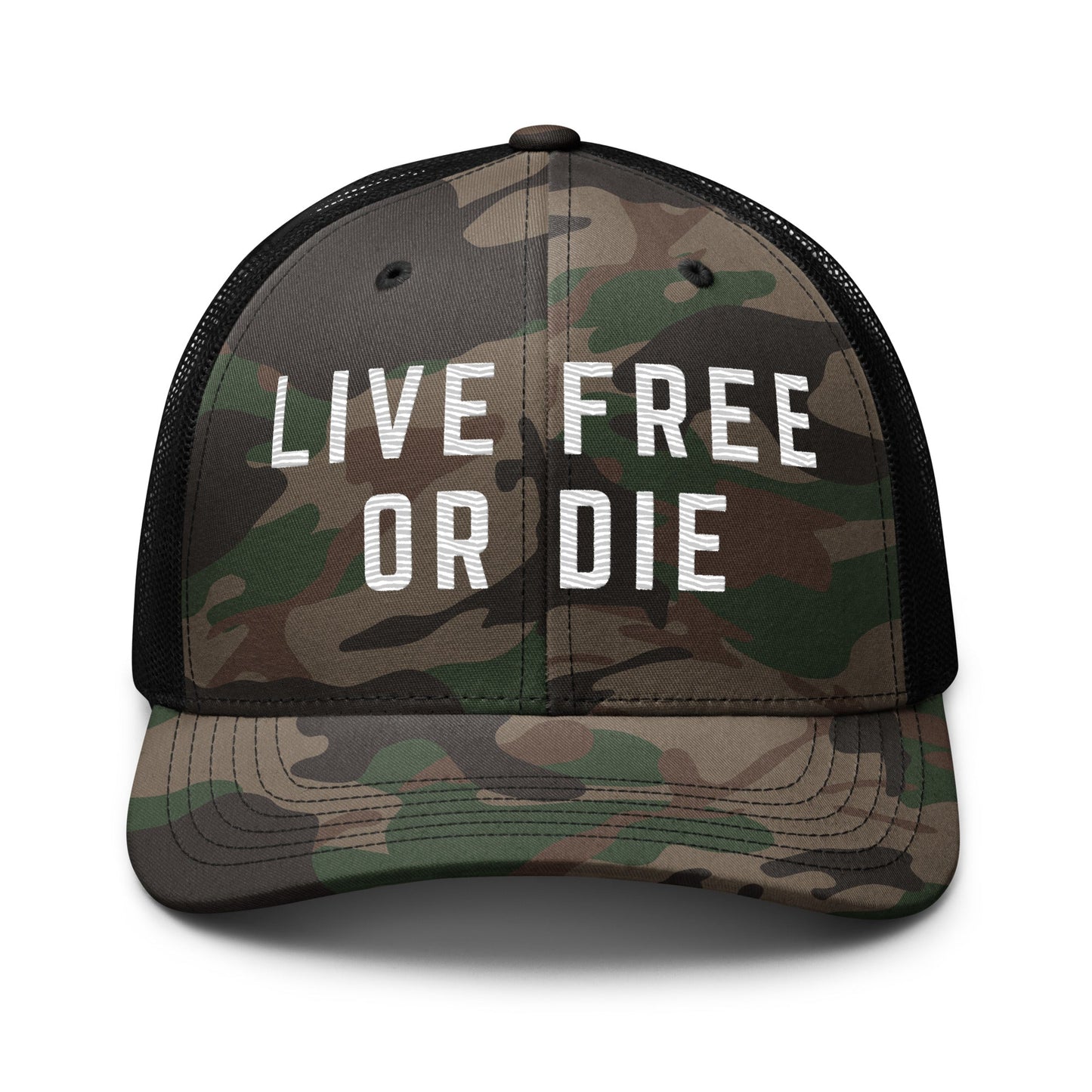 Embroidered "LIVE FREE OR DIE" | Camouflage Trucker Cap Camouflage Trucker Cap Gun Beaver Camo/Black