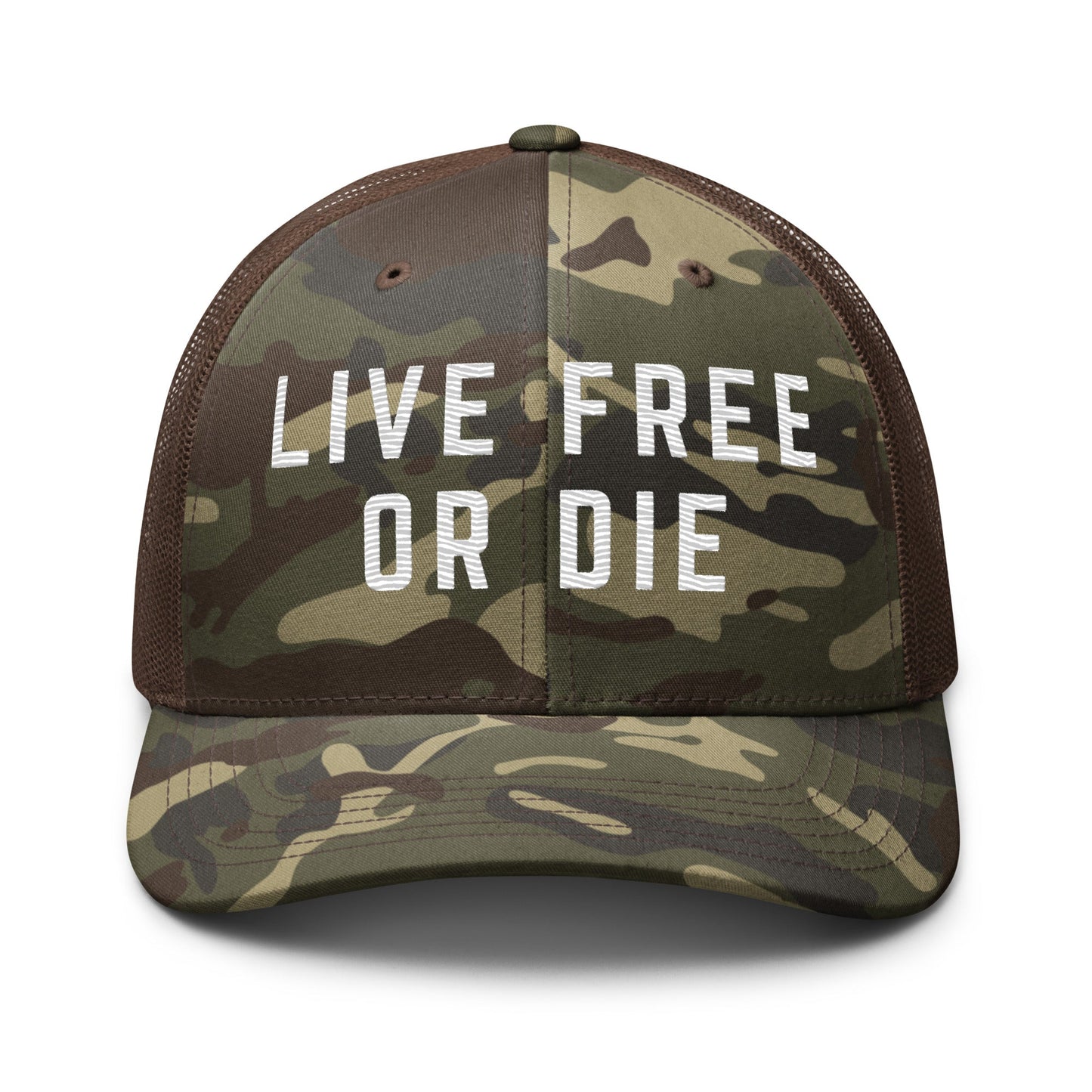 Embroidered "LIVE FREE OR DIE" | Camouflage Trucker Cap Camouflage Trucker Cap Gun Beaver Camo/Brown