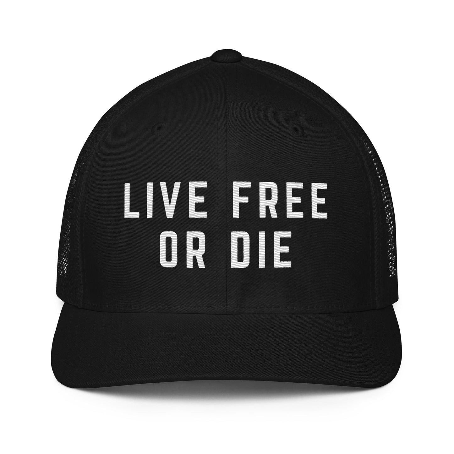 Embroidered "LIVE FREE OR DIE" | Closed-Back Trucker Cap | Flexfit 6511 Flexfit 6511 Gun Beaver Black