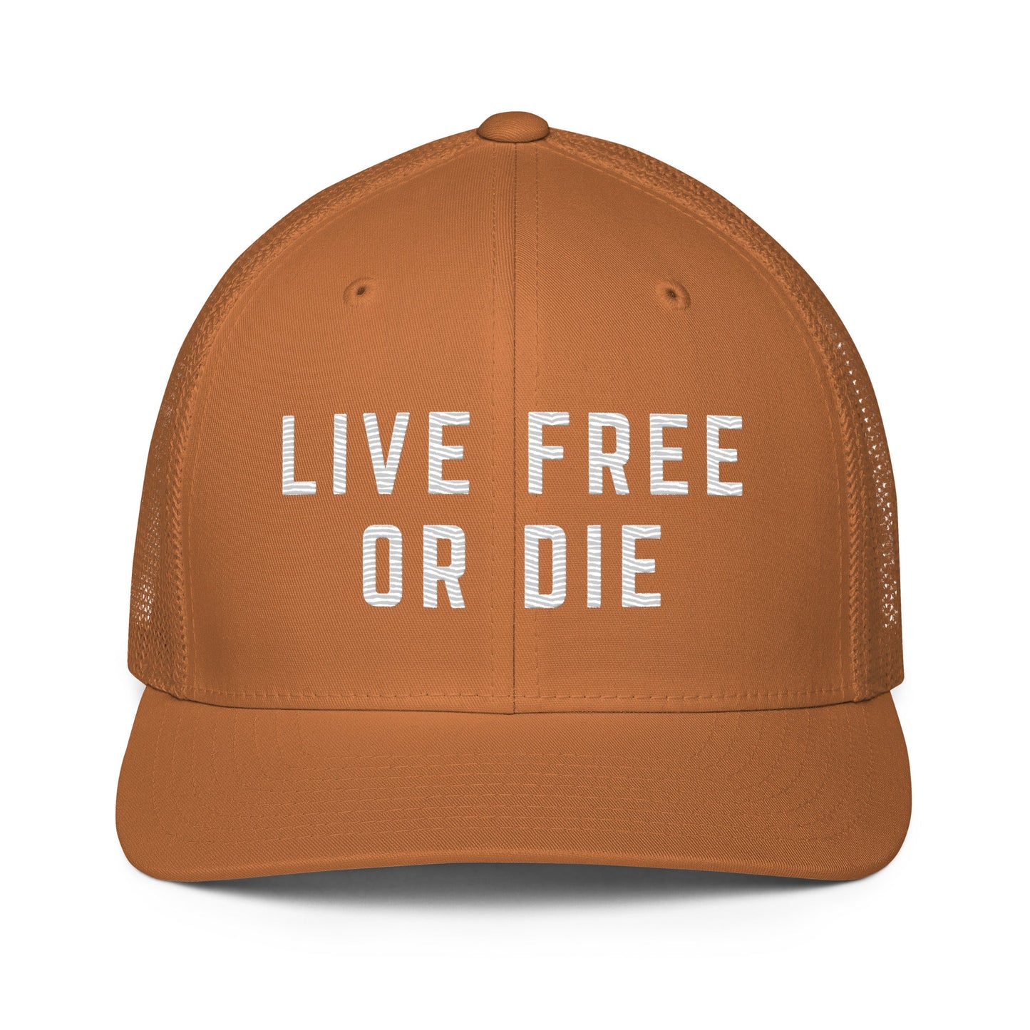 Embroidered "LIVE FREE OR DIE" | Closed-Back Trucker Cap | Flexfit 6511 Flexfit 6511 Gun Beaver Caramel